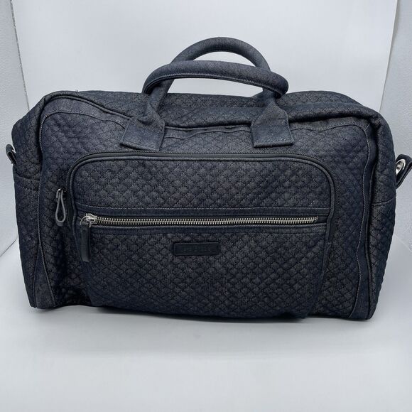 Vera Bradley Iconic Weekender Travel Bag Black Blue Quilted Denim 16x10x7 - Picture 2 of 12